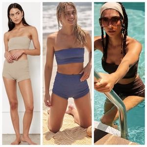 Free People Beige, Blue, and Dark Brown Bandeau Bikinis